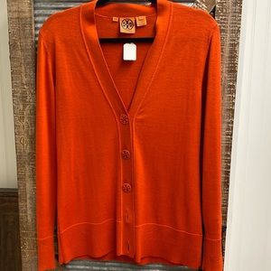 BEAUTIFUL TORY BURCH ORANGE V NECK CARDIGAN SIZE L
